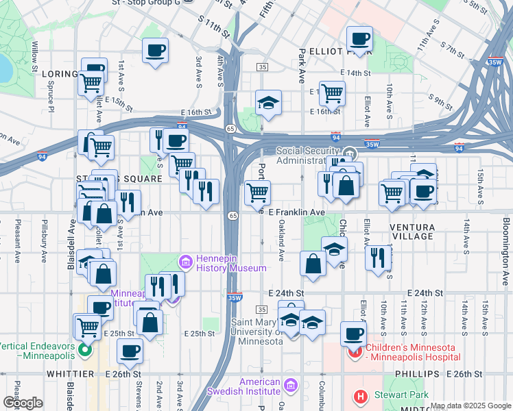 map of restaurants, bars, coffee shops, grocery stores, and more near 2005 South 5th Avenue in Minneapolis