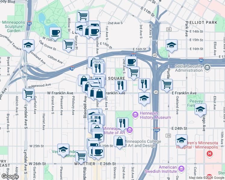 map of restaurants, bars, coffee shops, grocery stores, and more near 111 East Franklin Avenue in Minneapolis