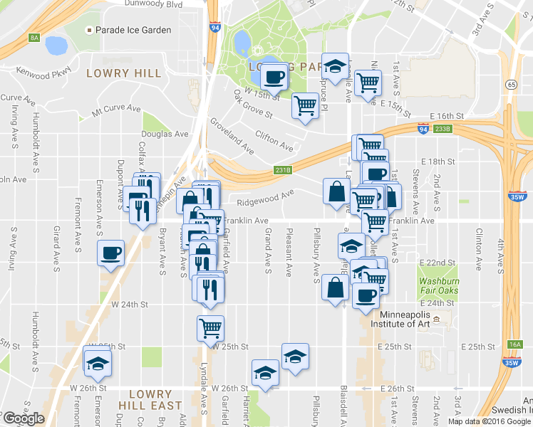 map of restaurants, bars, coffee shops, grocery stores, and more near 411 West Franklin Avenue in Minneapolis