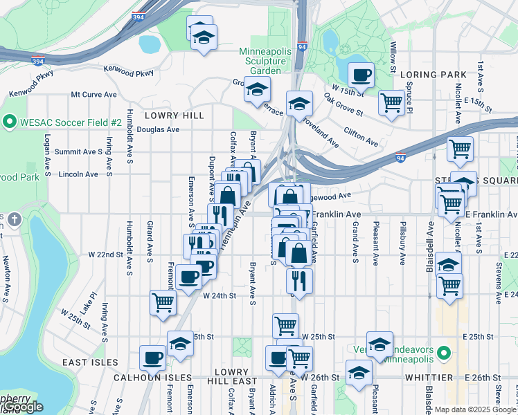 map of restaurants, bars, coffee shops, grocery stores, and more near 2000 Aldrich Avenue South in Minneapolis
