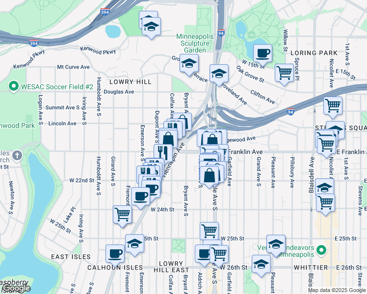 map of restaurants, bars, coffee shops, grocery stores, and more near 909 West Franklin Avenue in Minneapolis