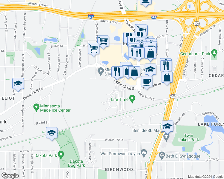map of restaurants, bars, coffee shops, grocery stores, and more near 2350 Ridge Drive in St. Louis Park