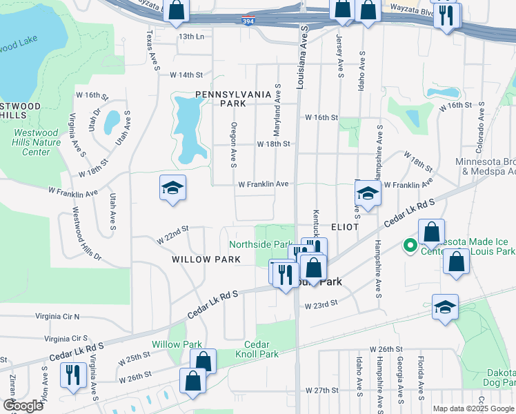 map of restaurants, bars, coffee shops, grocery stores, and more near 7316 West 22nd Street in Minneapolis