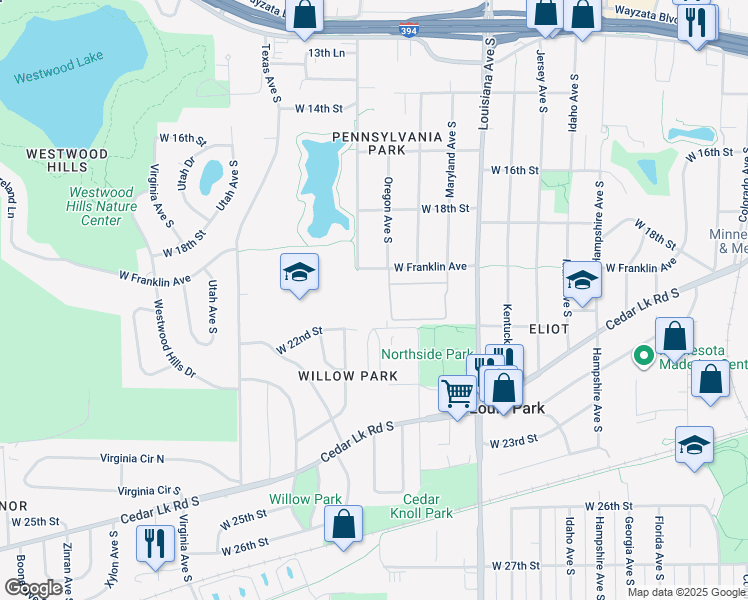 map of restaurants, bars, coffee shops, grocery stores, and more near 7500 West 22nd Street in St. Louis Park
