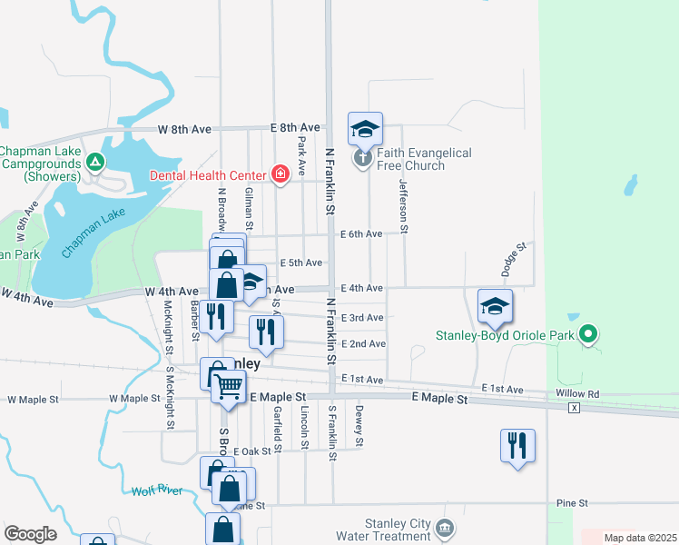 map of restaurants, bars, coffee shops, grocery stores, and more near 410 North Franklin Street in Stanley