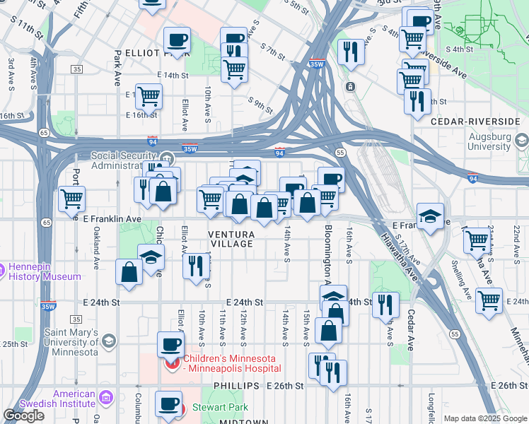 map of restaurants, bars, coffee shops, grocery stores, and more near 1219 East Franklin Avenue in Minneapolis