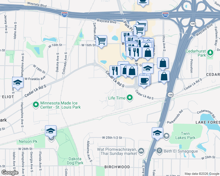 map of restaurants, bars, coffee shops, grocery stores, and more near 2040 Ridge Drive in Minneapolis