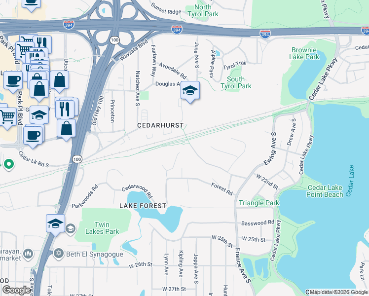 map of restaurants, bars, coffee shops, grocery stores, and more near 4311 Cedar Lake Road in Minneapolis
