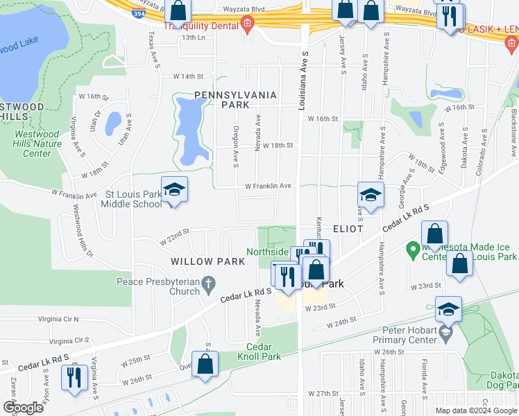 map of restaurants, bars, coffee shops, grocery stores, and more near 7316 West 22nd Street in Minneapolis