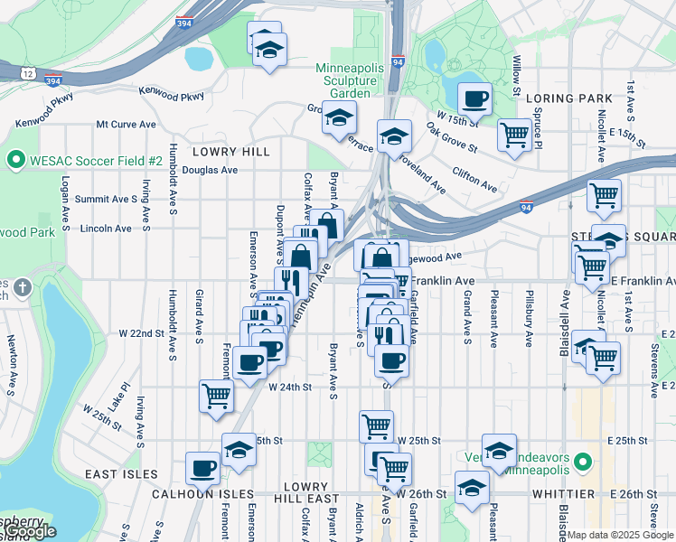 map of restaurants, bars, coffee shops, grocery stores, and more near 1937 Bryant Avenue South in Minneapolis