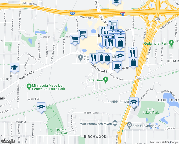map of restaurants, bars, coffee shops, grocery stores, and more near 2040 Ridge Drive in Minneapolis