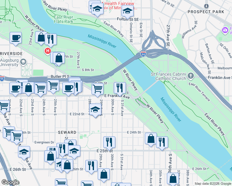 map of restaurants, bars, coffee shops, grocery stores, and more near in Minneapolis