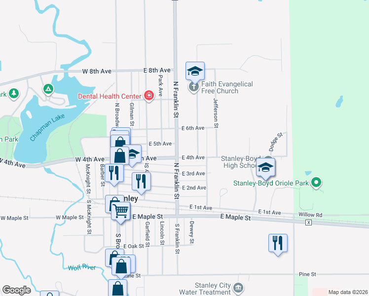 map of restaurants, bars, coffee shops, grocery stores, and more near 410 North Franklin Street in Stanley