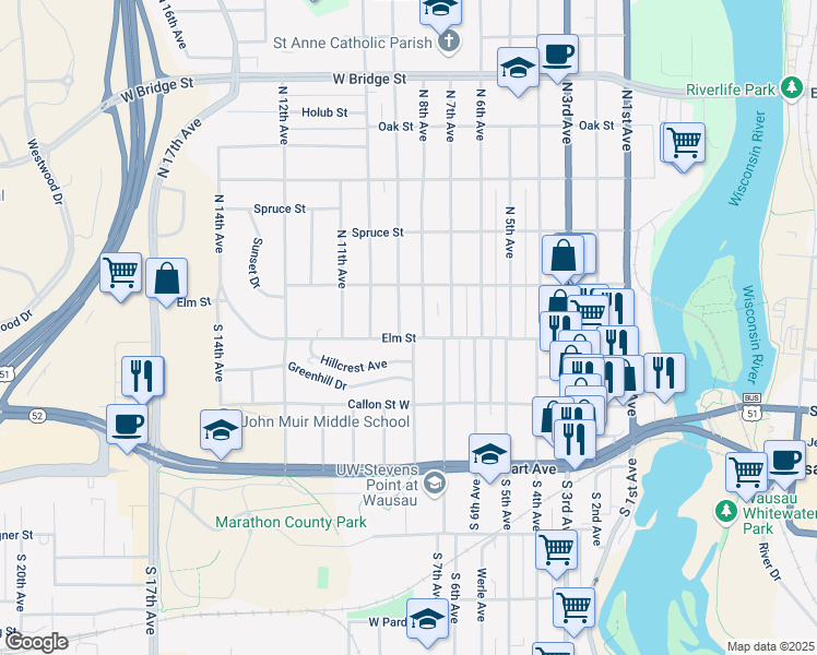 map of restaurants, bars, coffee shops, grocery stores, and more near 901 Elm Street in Wausau