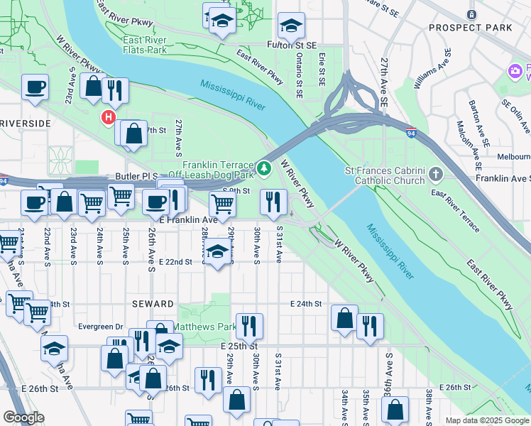 map of restaurants, bars, coffee shops, grocery stores, and more near in Minneapolis