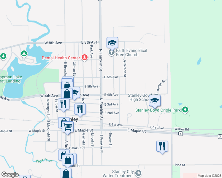 map of restaurants, bars, coffee shops, grocery stores, and more near 320 East 4th Avenue in Stanley