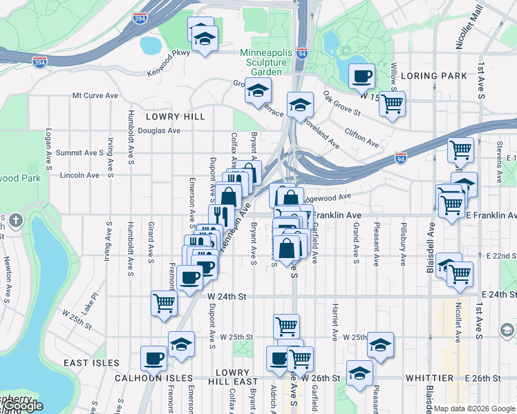map of restaurants, bars, coffee shops, grocery stores, and more near 1935 Bryant Avenue South in Minneapolis
