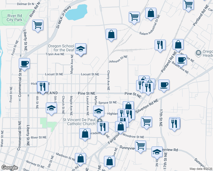 map of restaurants, bars, coffee shops, grocery stores, and more near 2515 Cherry Avenue Northeast in Salem