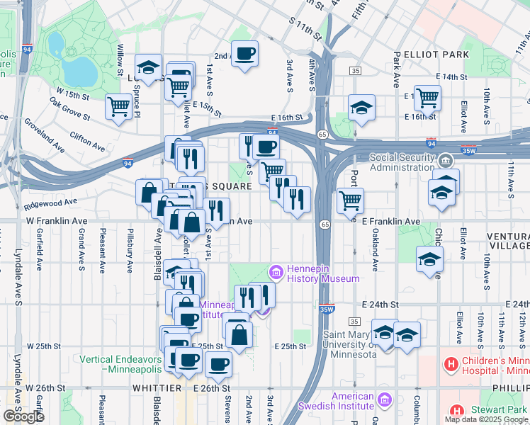 map of restaurants, bars, coffee shops, grocery stores, and more near 2000 3rd Avenue South in Minneapolis