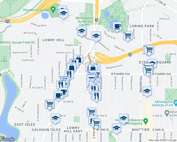 map of restaurants, bars, coffee shops, grocery stores, and more near 1937 Aldrich Avenue South in Minneapolis