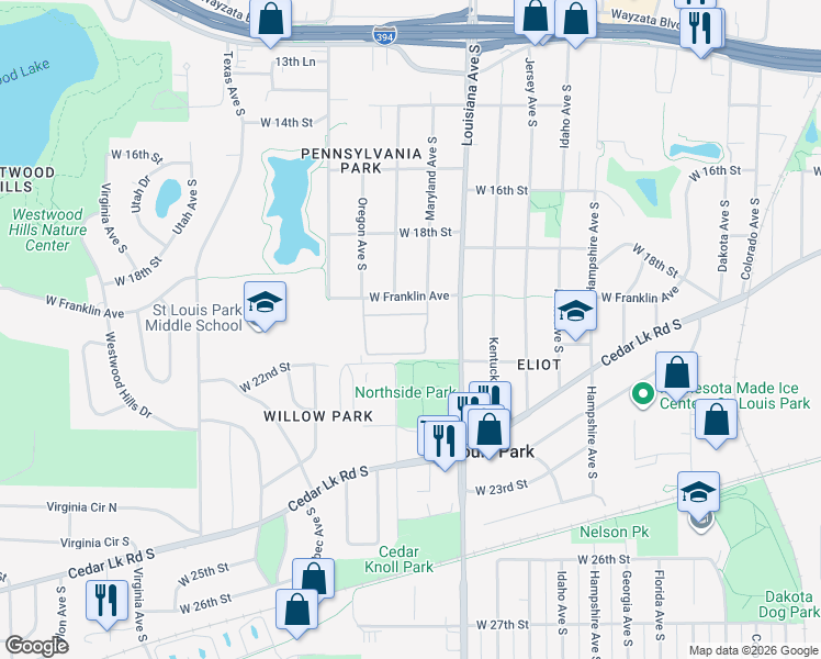 map of restaurants, bars, coffee shops, grocery stores, and more near 7316 West 22nd Street in Minneapolis