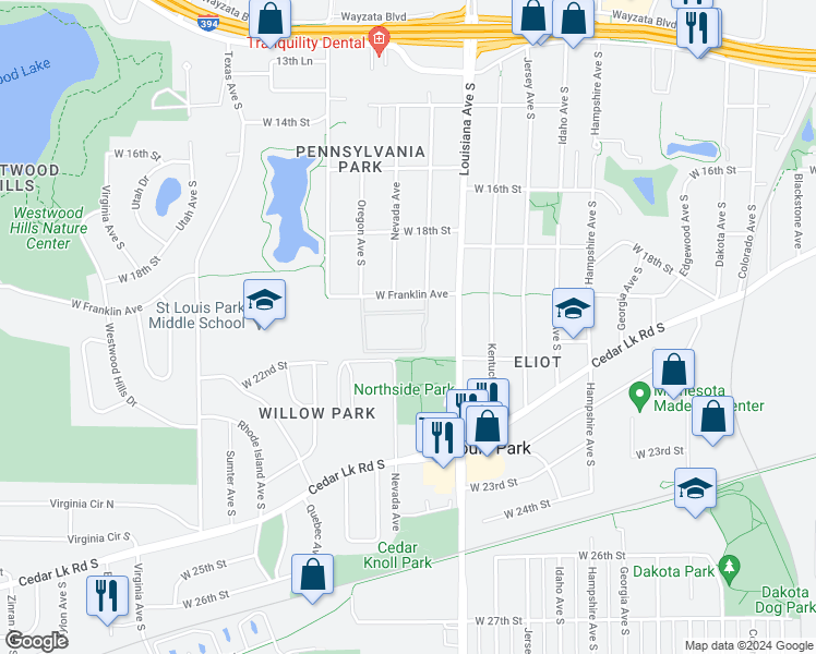 map of restaurants, bars, coffee shops, grocery stores, and more near 7316 West 22nd Street in Minneapolis