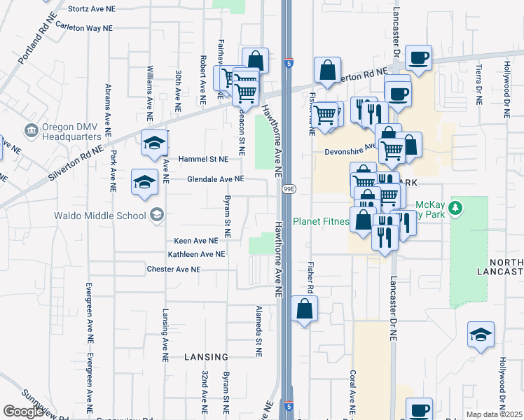 map of restaurants, bars, coffee shops, grocery stores, and more near 2903-2977 Hawthorne Avenue Northeast in Salem