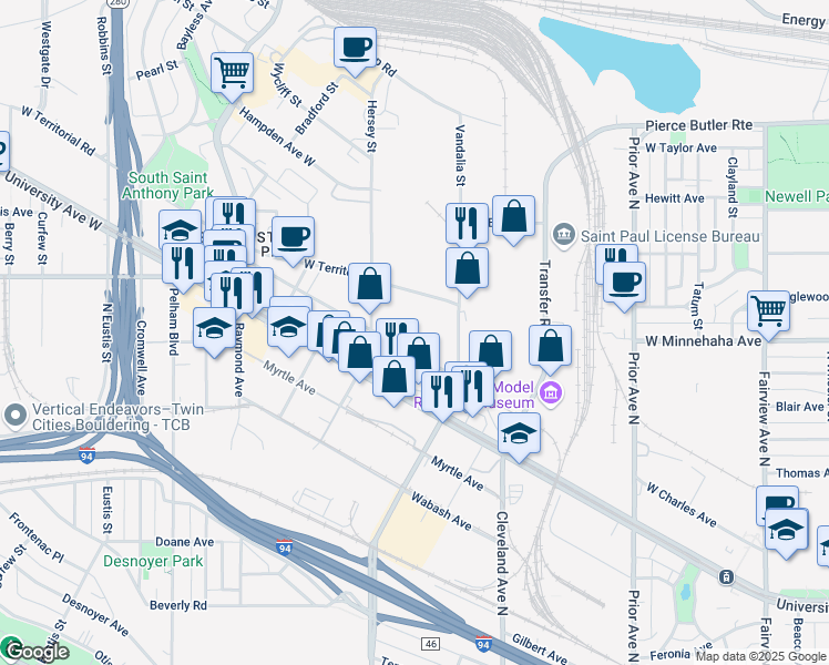 map of restaurants, bars, coffee shops, grocery stores, and more near 2221 Charles Ave in St Paul