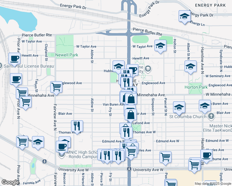 map of restaurants, bars, coffee shops, grocery stores, and more near 1625 West Minnehaha Avenue in Saint Paul