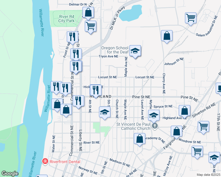 map of restaurants, bars, coffee shops, grocery stores, and more near 2490 5th Street Northeast in Salem
