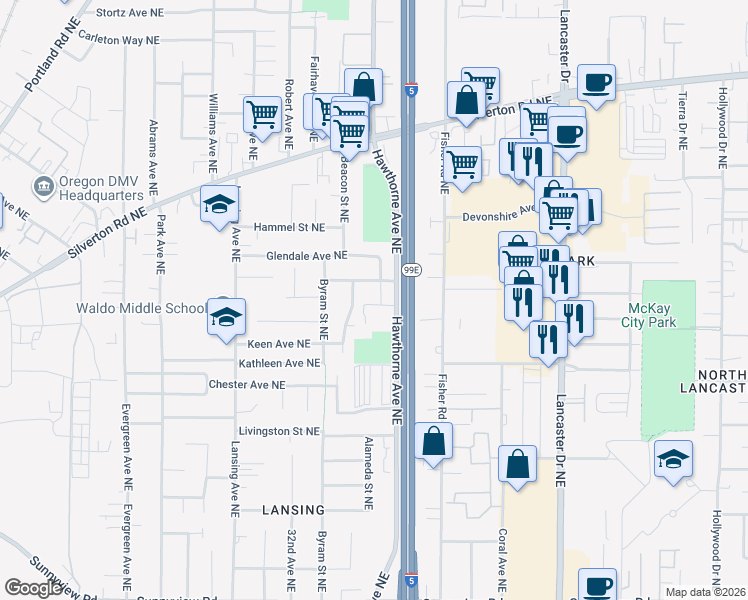 map of restaurants, bars, coffee shops, grocery stores, and more near 2903-2977 Hawthorne Avenue Northeast in Salem