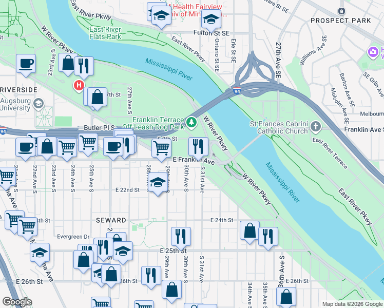 map of restaurants, bars, coffee shops, grocery stores, and more near in Minneapolis
