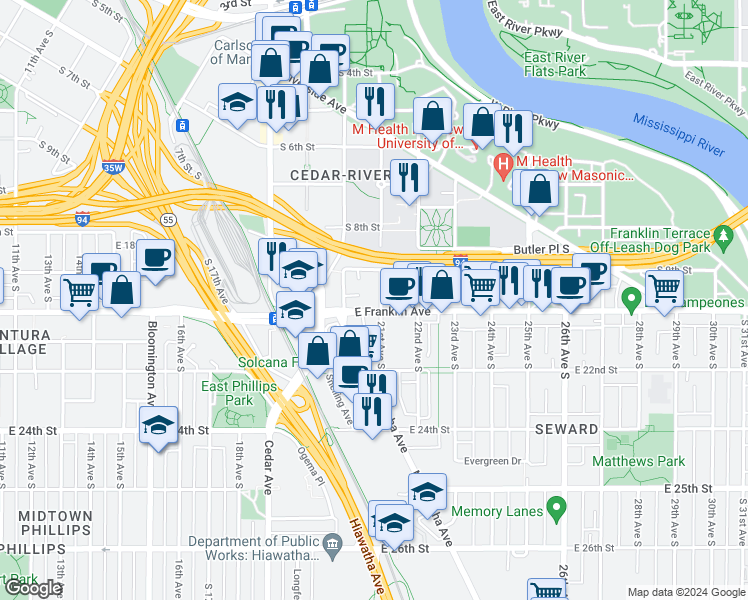 map of restaurants, bars, coffee shops, grocery stores, and more near 2027 East Franklin Avenue in Minneapolis