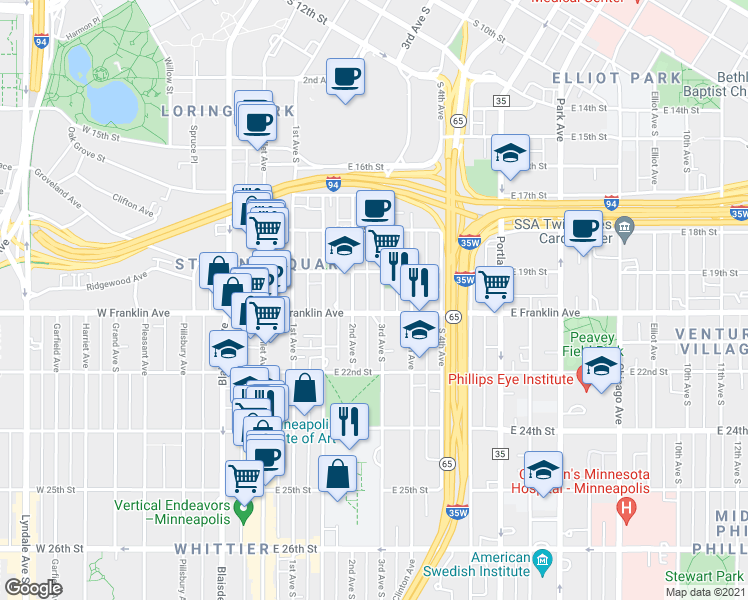 map of restaurants, bars, coffee shops, grocery stores, and more near 2000 3rd Avenue South in Minneapolis