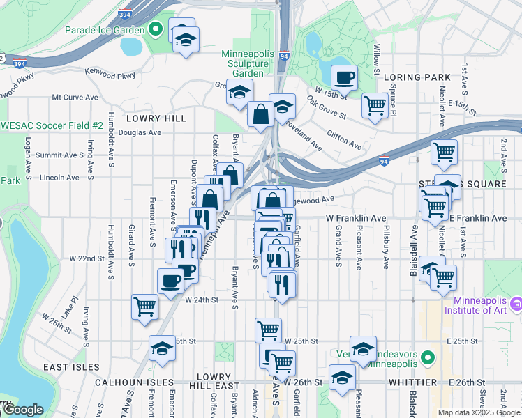 map of restaurants, bars, coffee shops, grocery stores, and more near 2000 Aldrich Avenue South in Minneapolis