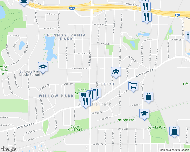 map of restaurants, bars, coffee shops, grocery stores, and more near 2045 Louisiana Avenue South in Minneapolis