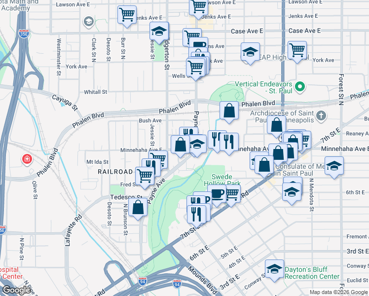 map of restaurants, bars, coffee shops, grocery stores, and more near 708 Preble Street in Saint Paul