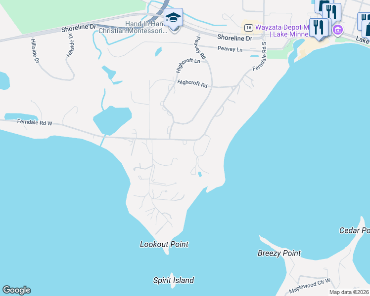 map of restaurants, bars, coffee shops, grocery stores, and more near 308 Ferndale Road West in Wayzata