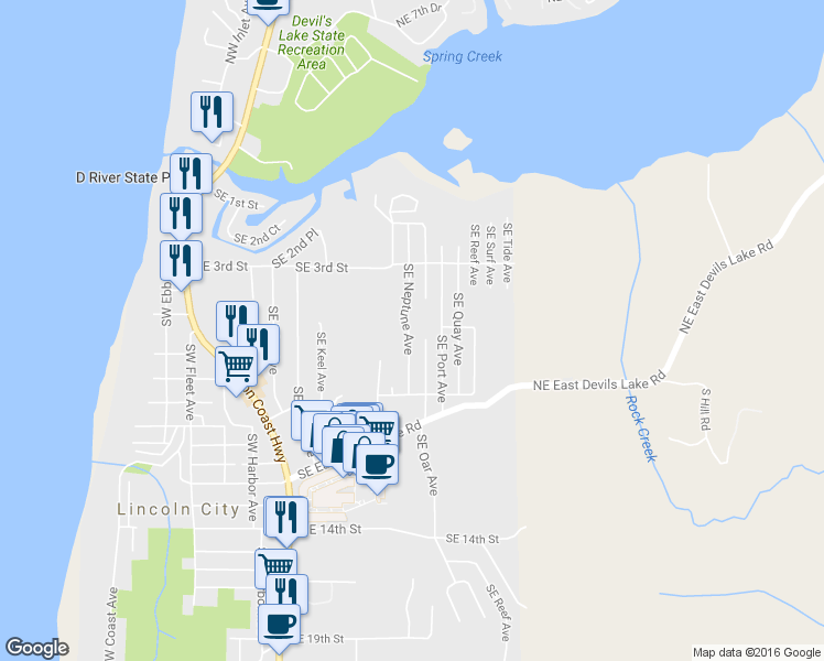 map of restaurants, bars, coffee shops, grocery stores, and more near 518 Southeast Neptune Avenue in Lincoln City