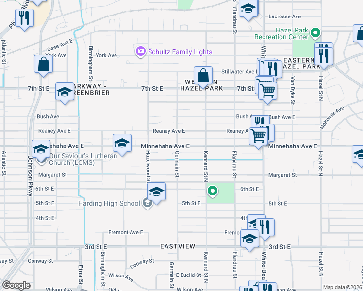 map of restaurants, bars, coffee shops, grocery stores, and more near 1605 Minnehaha Avenue East in Saint Paul