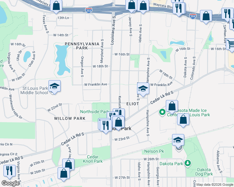 map of restaurants, bars, coffee shops, grocery stores, and more near 2057 Louisiana Avenue South in Minneapolis