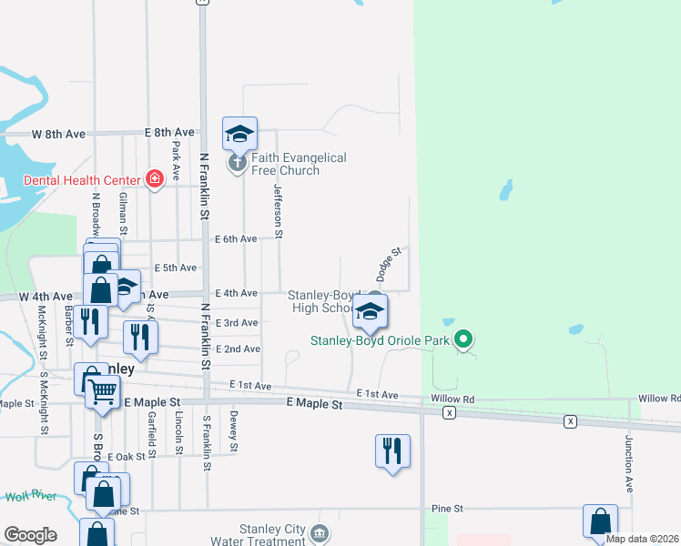 map of restaurants, bars, coffee shops, grocery stores, and more near 450 Grant Street in Stanley
