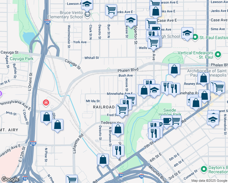 map of restaurants, bars, coffee shops, grocery stores, and more near 711 Bradley Street in Saint Paul