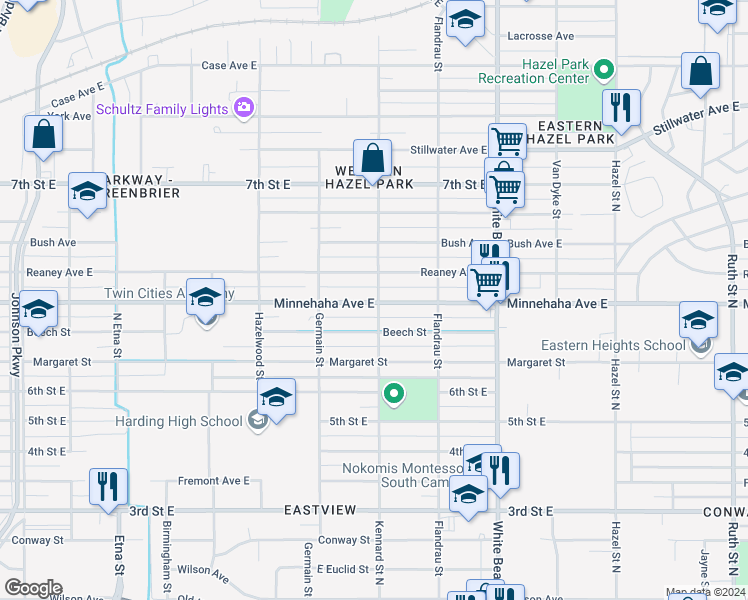 map of restaurants, bars, coffee shops, grocery stores, and more near 1657 Minnehaha Avenue East in Saint Paul