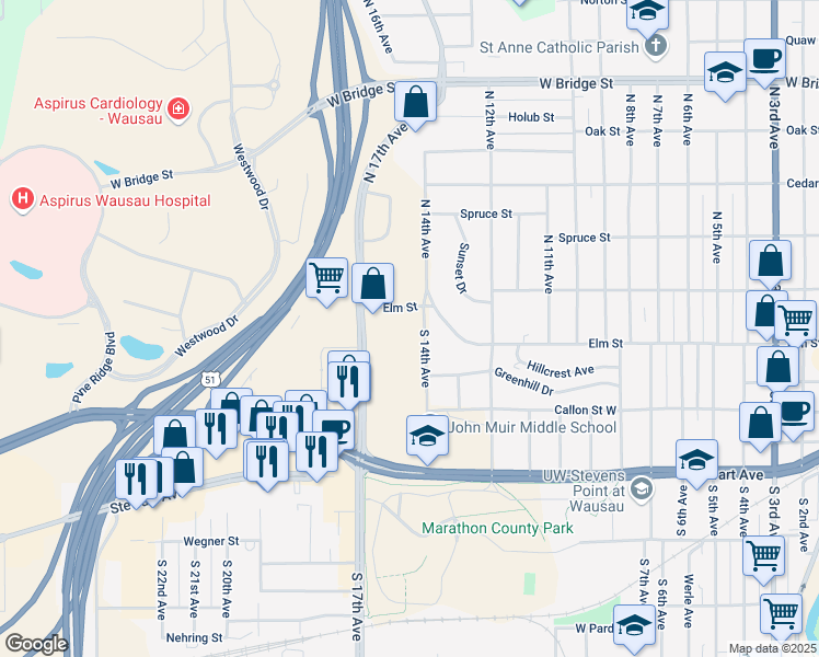 map of restaurants, bars, coffee shops, grocery stores, and more near 1401 Elm Street in Wausau