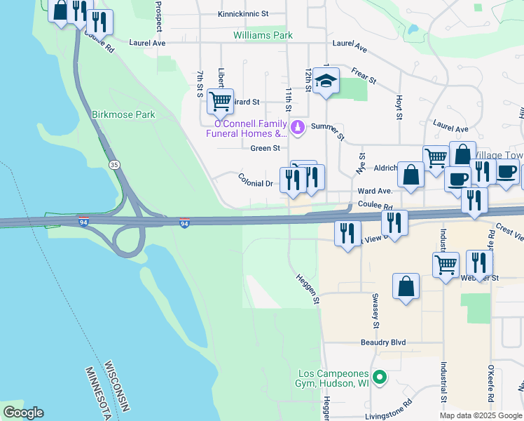 map of restaurants, bars, coffee shops, grocery stores, and more near State Highway 35 in Hudson