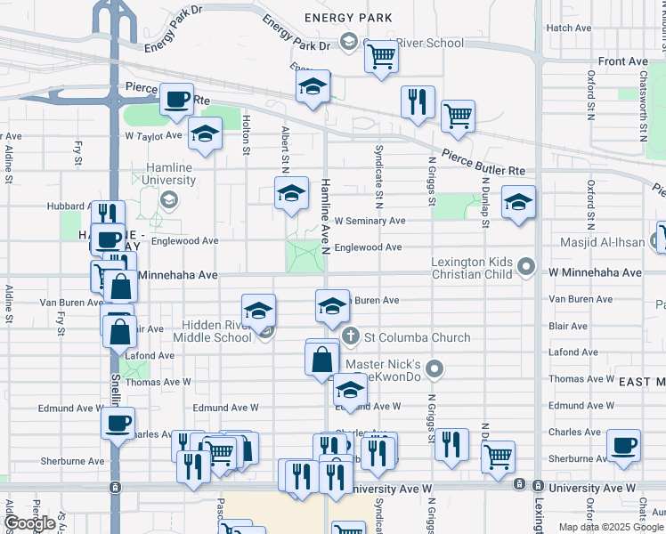 map of restaurants, bars, coffee shops, grocery stores, and more near 1326 West Minnehaha Avenue in Saint Paul