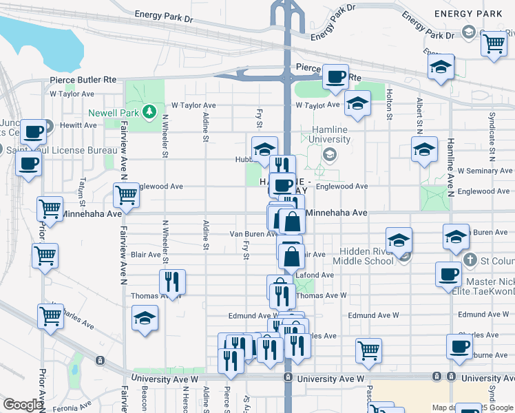 map of restaurants, bars, coffee shops, grocery stores, and more near 1636 West Minnehaha Avenue in Saint Paul