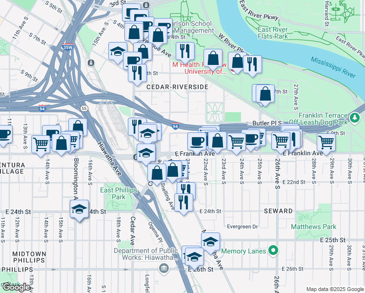 map of restaurants, bars, coffee shops, grocery stores, and more near 2027 East Franklin Avenue in Minneapolis