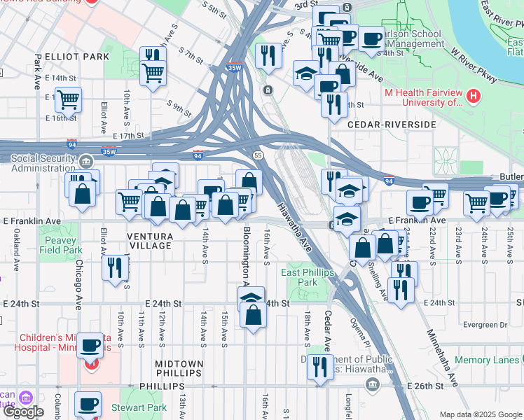 map of restaurants, bars, coffee shops, grocery stores, and more near 1525 East Franklin Avenue in Minneapolis